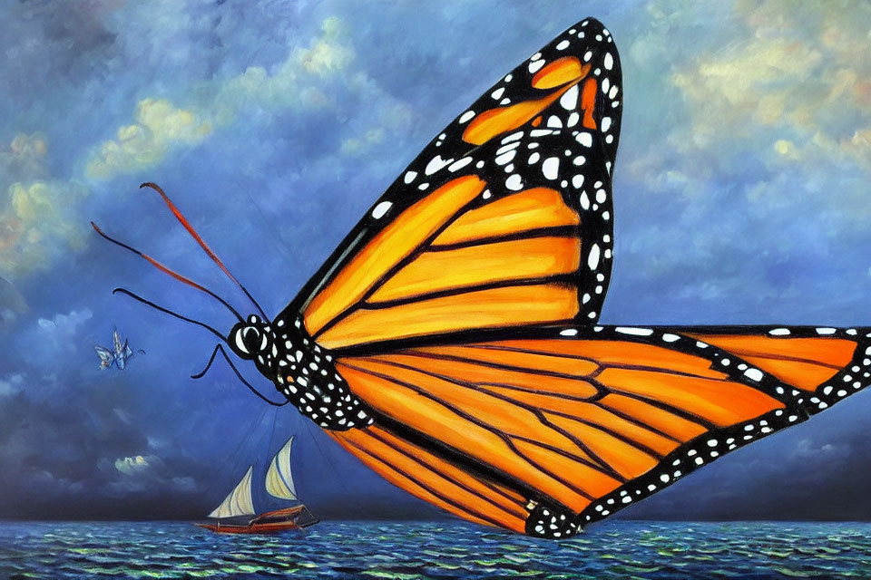 Colorful monarch butterfly painting with sailboat on blue sea under cloudy sky