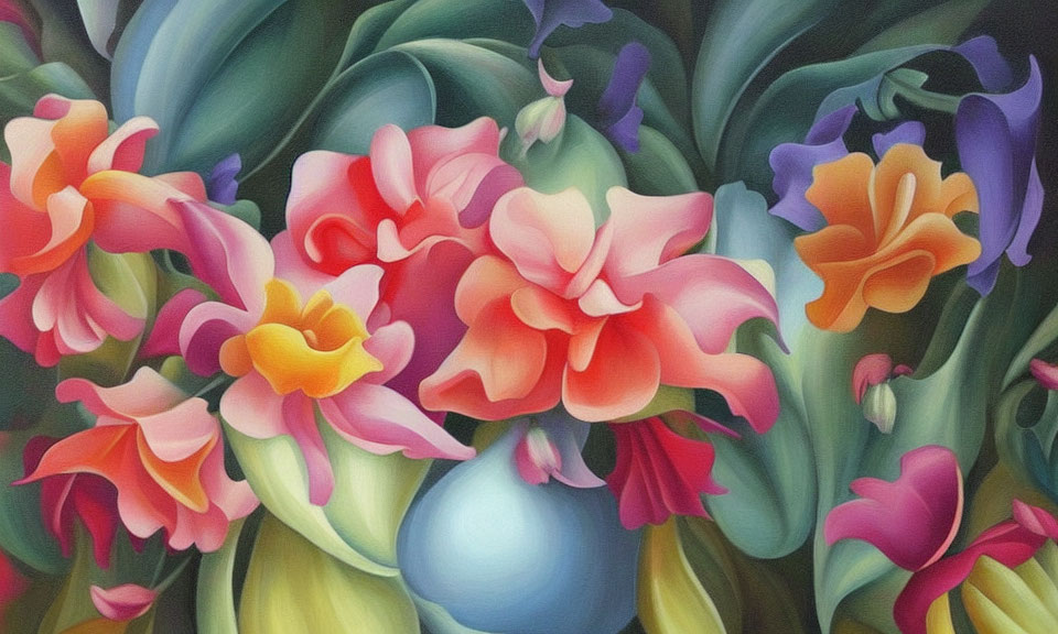 Colorful painting of assorted flowers in pink, orange, and purple with green leaves and a blue sphere