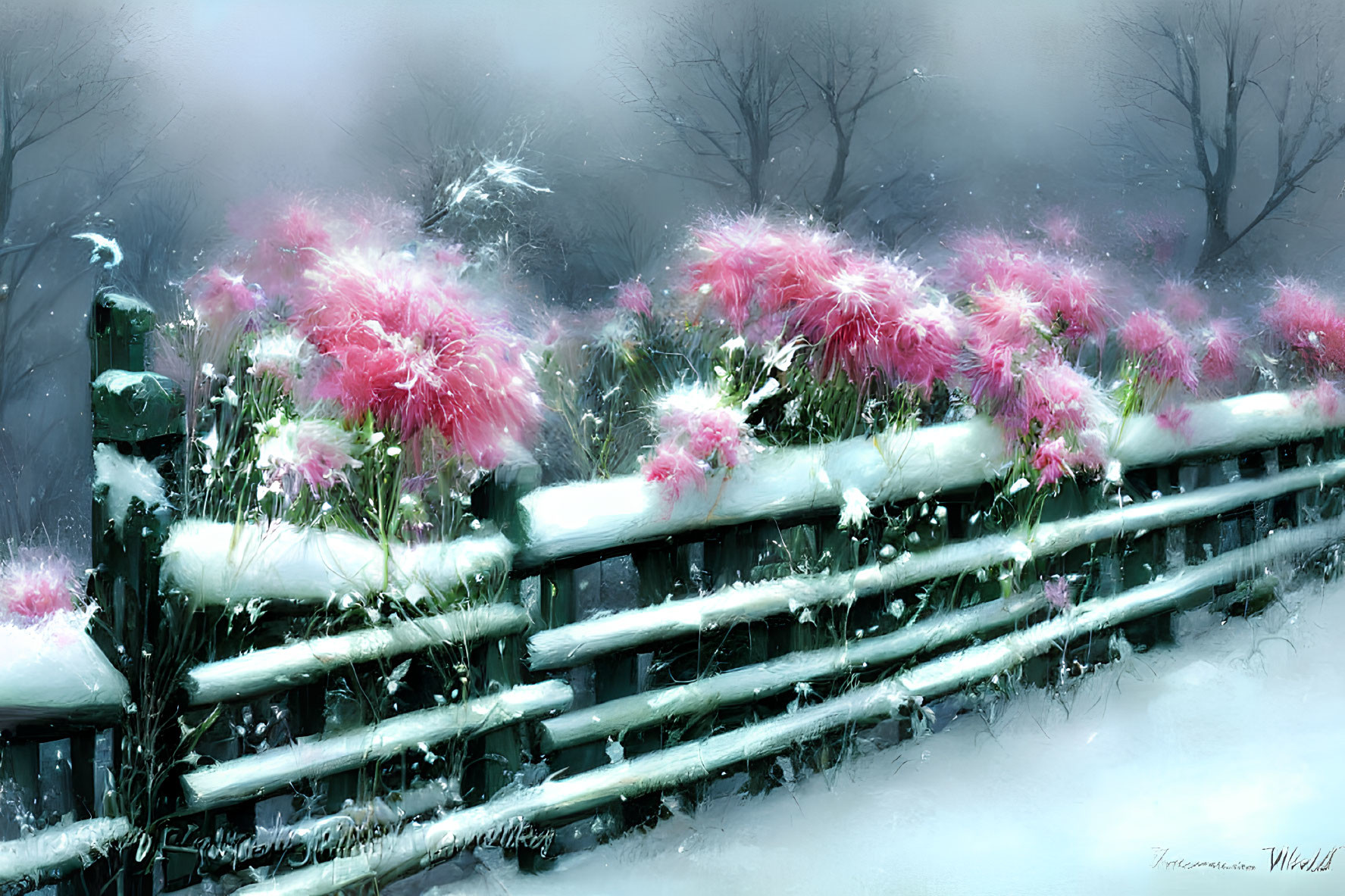 Snowy scene with pink flowers on wooden fence in soft-focus winter setting