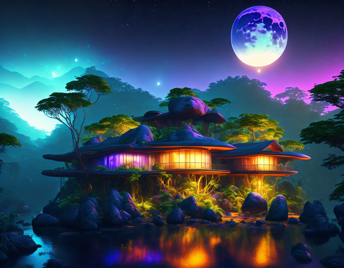 house in the rainforest under a full moon 
