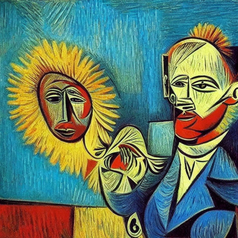 Abstract painting of two figures with bold lines and colors