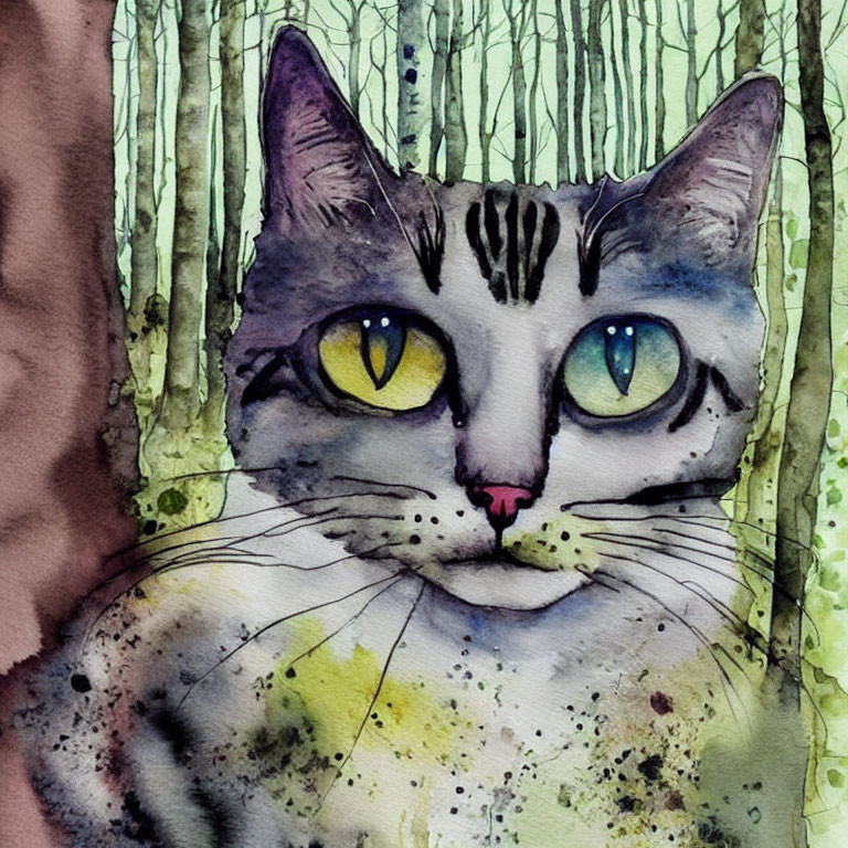 Cat Watercolor Painting with Yellow and Blue Eyes in Greenery