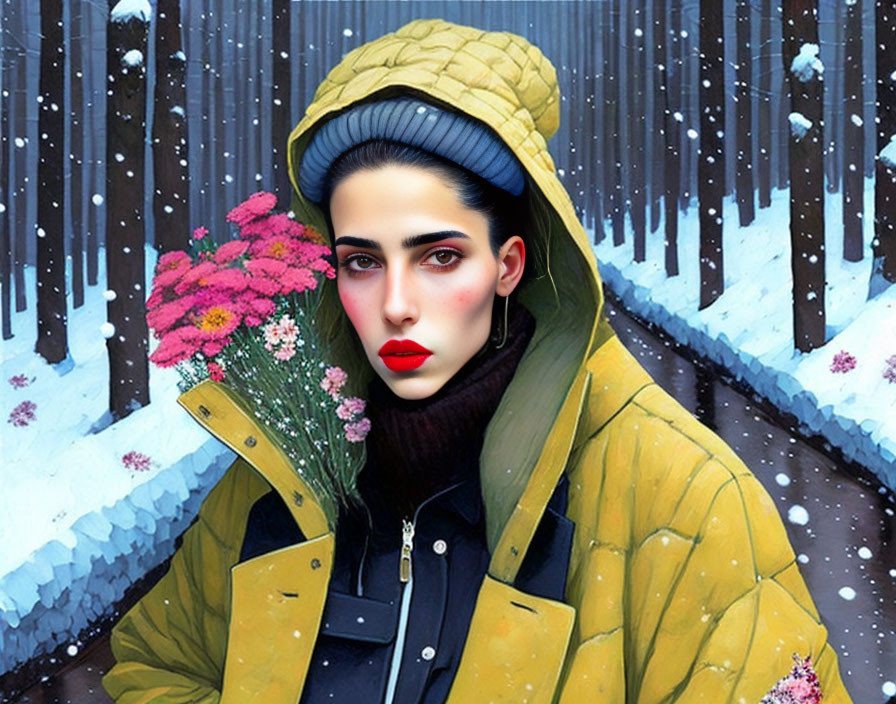 Dark-haired woman in yellow coat and blue beanie with pink flowers in snowy scenery