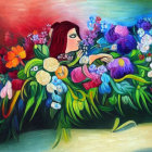 Vibrant painting featuring two stylized women and colorful flowers