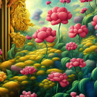 Colorful Flower Painting with Abstract Humanoid Figures in Garden