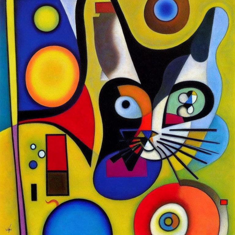 Vibrant Cubist Cat Painting with Geometric Shapes in Blue, Yellow, Red, and Green