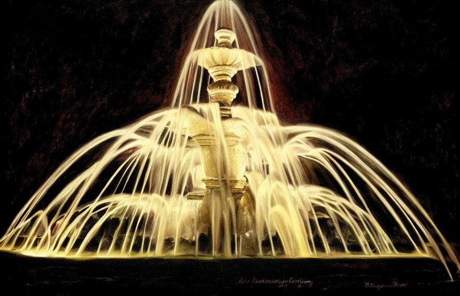 Nighttime illuminated water fountain with glowing cascading streams against dark background