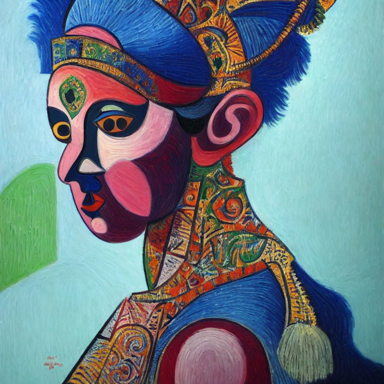 Vibrant profile figure painting with intricate headgear and colorful hues