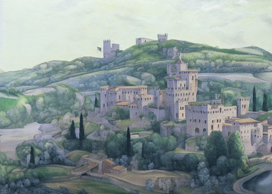 Watercolor landscape of medieval castles on green hills under overcast sky