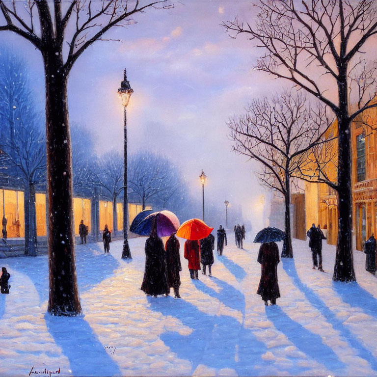 Snowy Cityscape Twilight: Pedestrians with Colorful Umbrellas & Glowing Street Lamps
