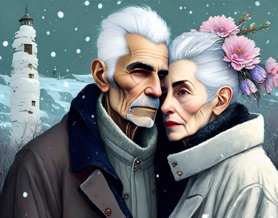 Elderly animated couple in winter attire by snowy lighthouse with pink flowers