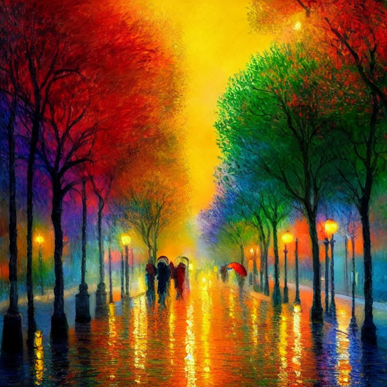 Impressionist-style painting of rain-soaked street at night