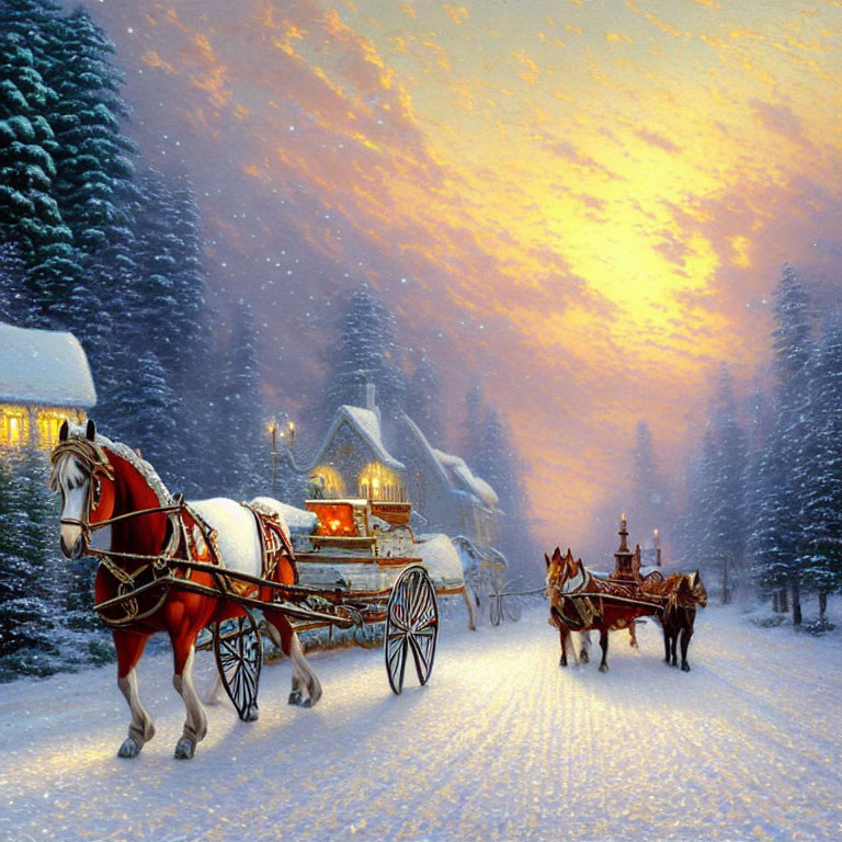 Snowy village scene: Horse-drawn carriages, cozy houses, orange dusk sky