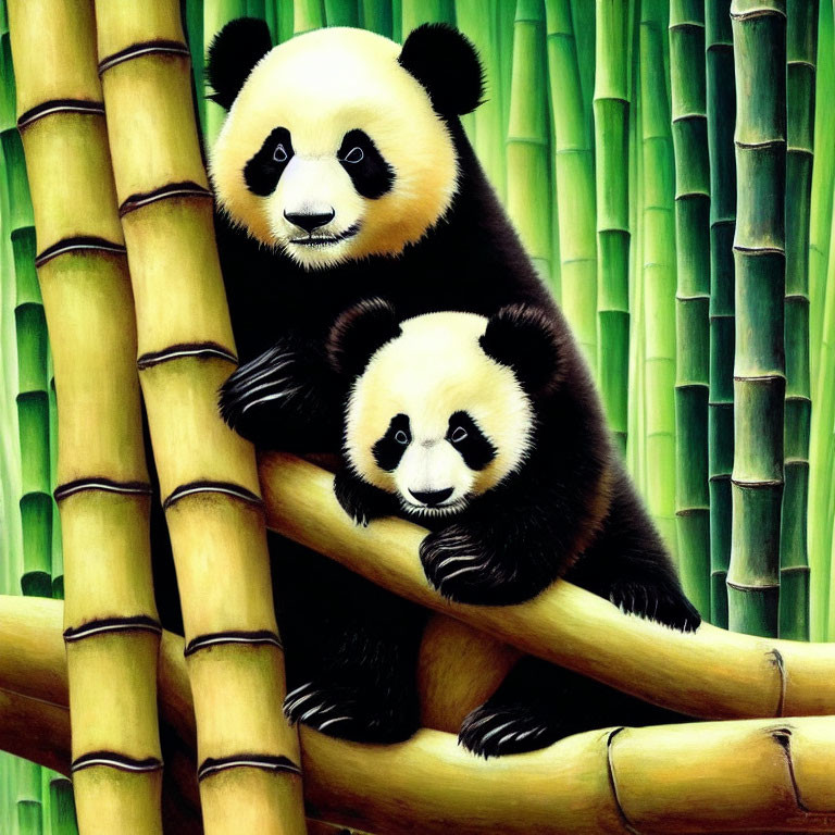 Two pandas in bamboo forest sitting and looking at viewer