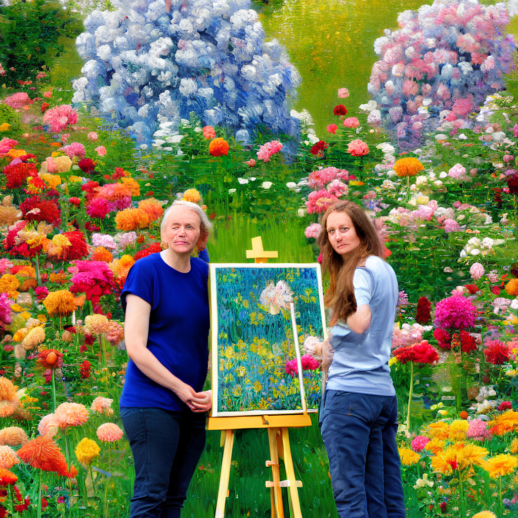 Two People with Painting in Vibrant Garden