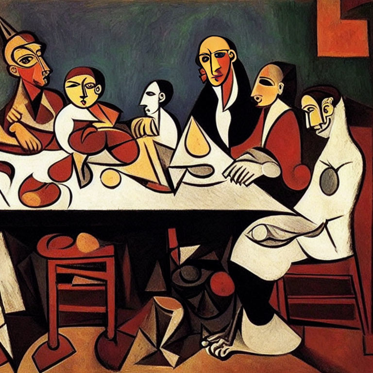Abstract artwork of stylized figures with exaggerated features around a geometric table