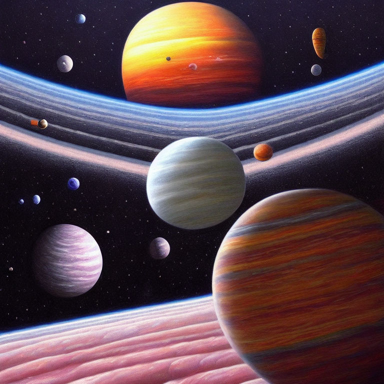 Colorful planets with rings in starry space