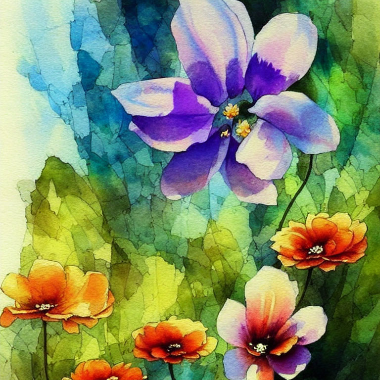 Colorful Watercolor Painting of Purple and Orange Flowers on Green Background