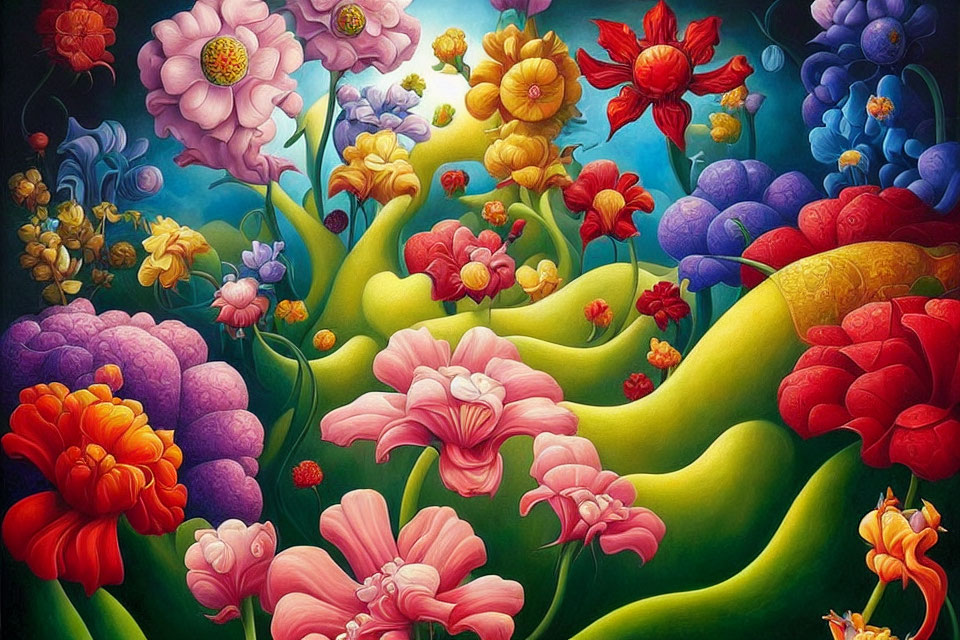 Colorful Flower Painting on Undulating Hills Under Blue Sky