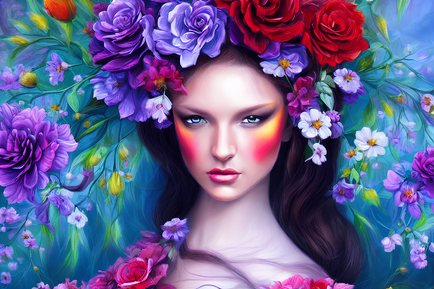 Colorful floral crown digital art portrait of a woman on blue background