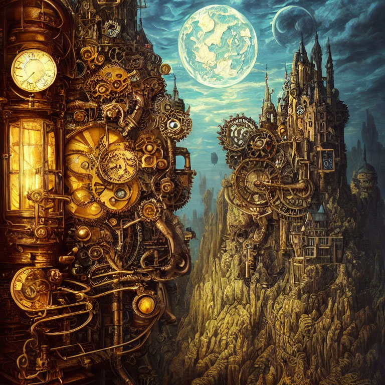 Intricate steampunk machinery against castle backdrop