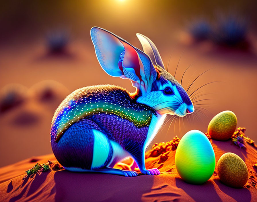Vibrant digital art: rabbit with patterns, glowing Easter eggs, desert landscape at dusk