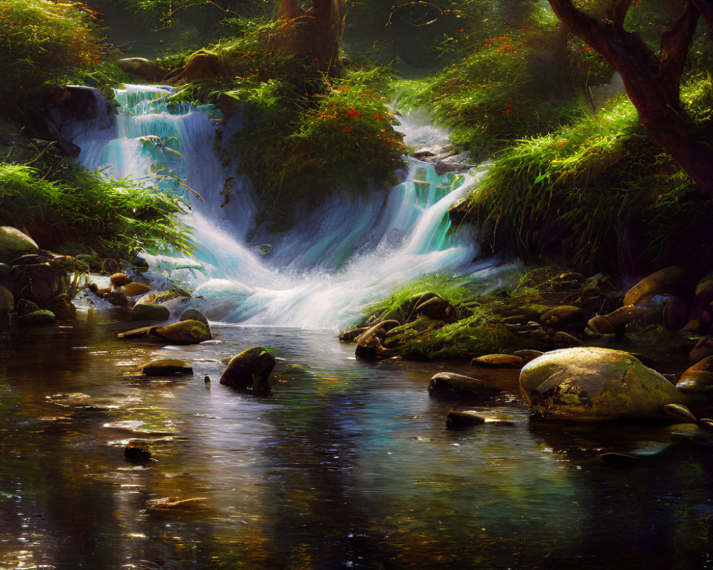 Tranquil waterfall in lush woodland oasis