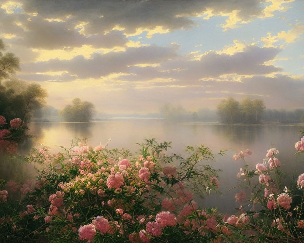 Tranquil mist-covered lake at dawn with pink flowers and serene trees