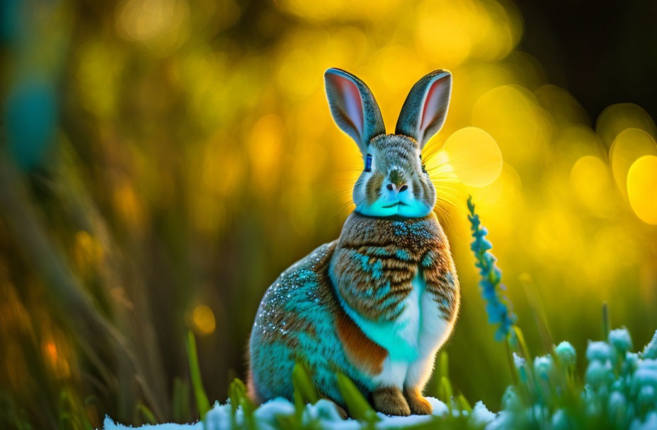 Unusual patterned rabbit in grassy field with bokeh effect