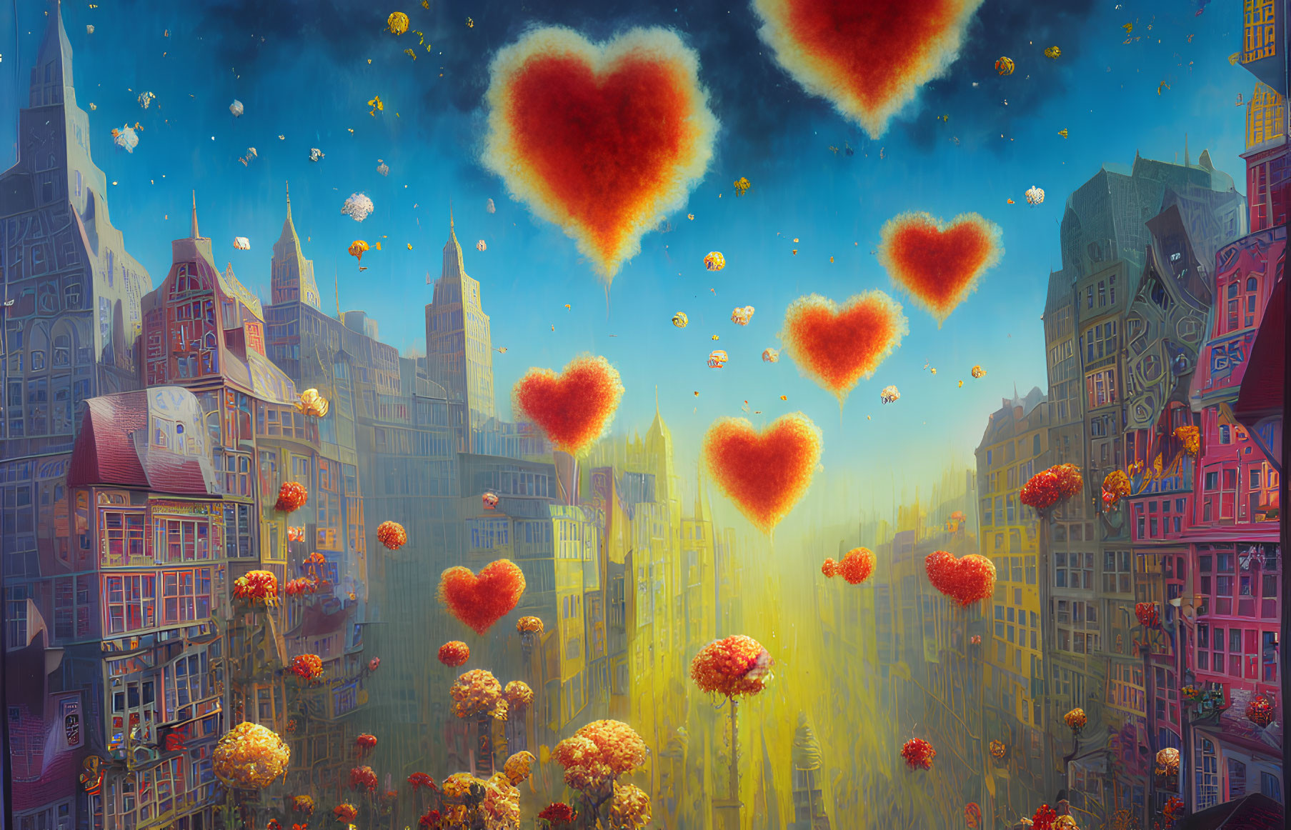 Whimsical cityscape with heart-shaped islands and glowing particles