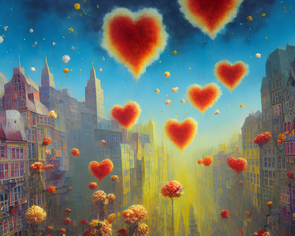 Whimsical cityscape with heart-shaped islands and glowing particles