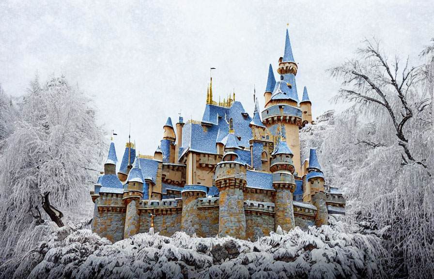 Blue-roofed fairytale castle amidst snow-covered trees
