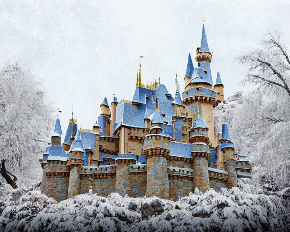 Blue-roofed fairytale castle amidst snow-covered trees