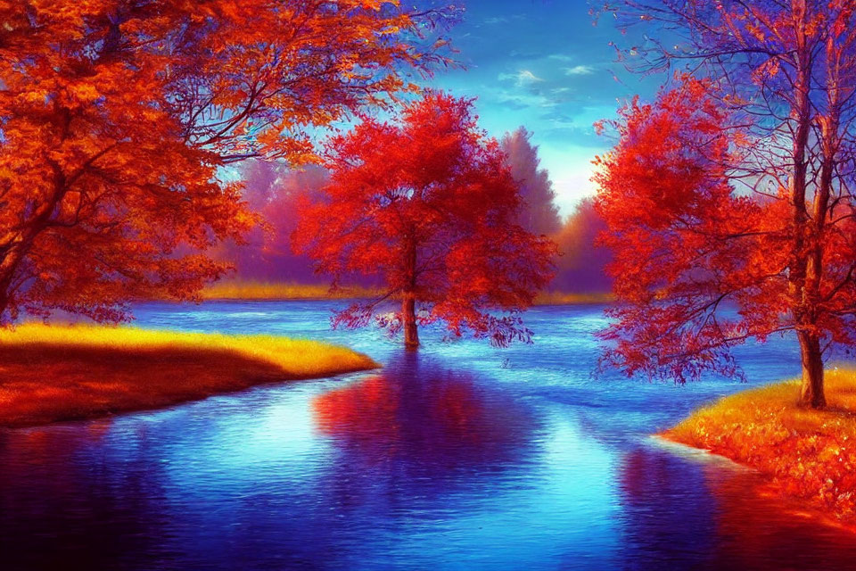 Fiery red autumn trees by tranquil blue river at sunrise