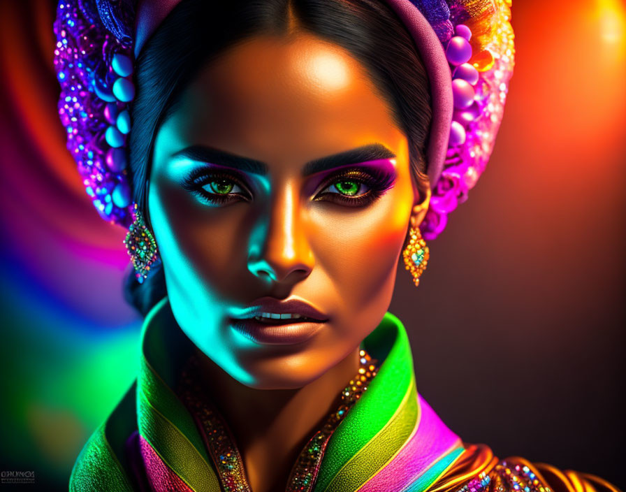 Vibrant portrait of a woman with striking green eyes and colorful attire