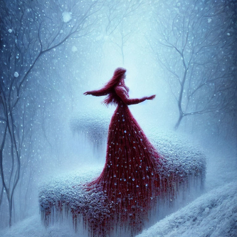 Figure in Red Dress Embracing Snowy Winter Scene