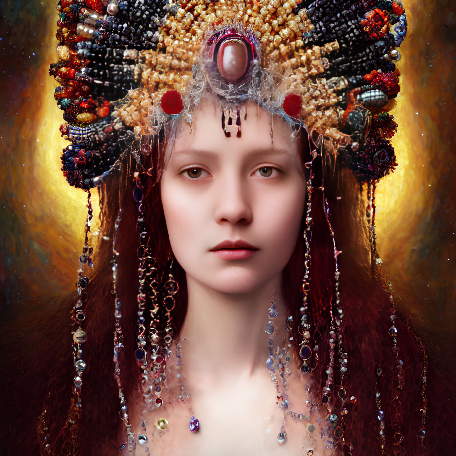 Pale woman in ornate headpiece against warm backdrop