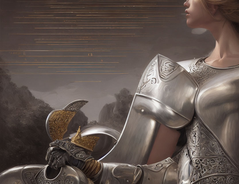Female knight in silver armor holding a golden helmet in misty mountain landscape