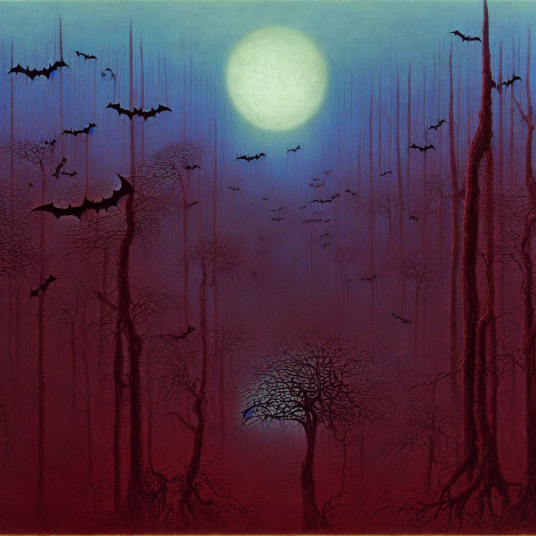 Silhouetted trees, bats, full moon, and eerie sky in spooky scene