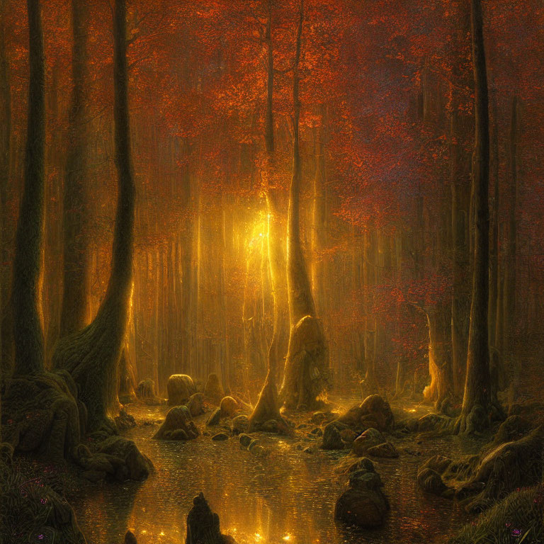 Serene stream in enchanted forest with golden sunlight piercing red foliage