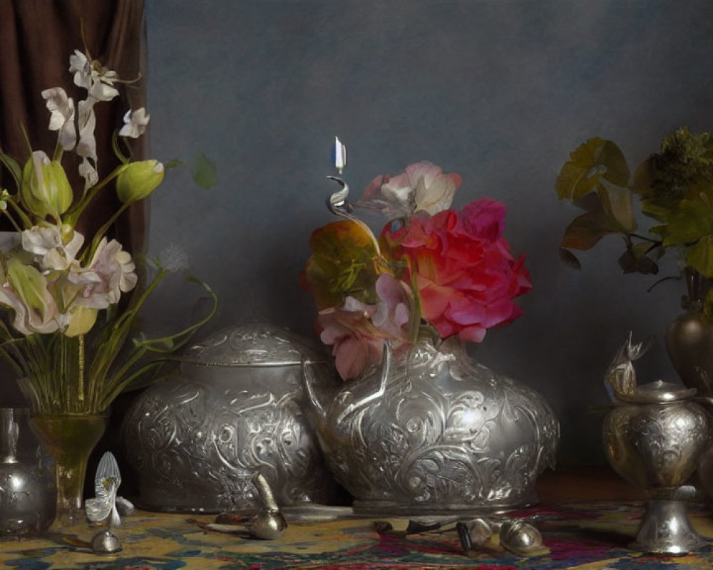 Silver teapots, candle, flowers on draped table against grey backdrop