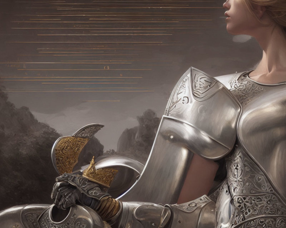 Female knight in silver armor holding a golden helmet in misty mountain landscape