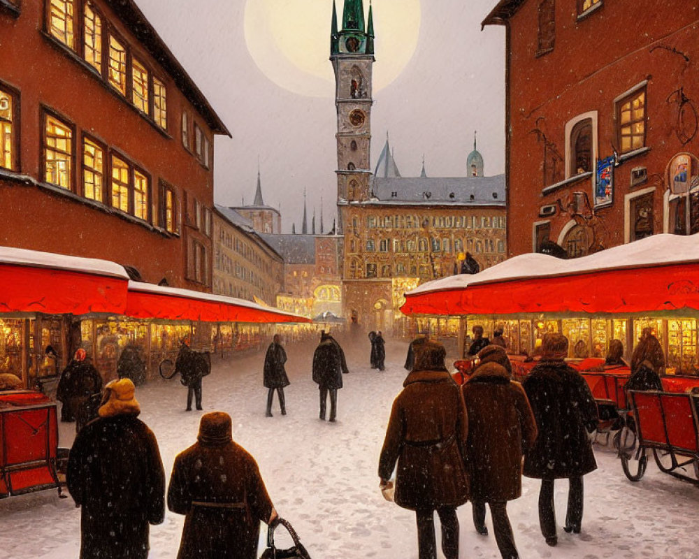 Snowy town square Christmas market at dusk with lit stalls, shoppers, clock tower