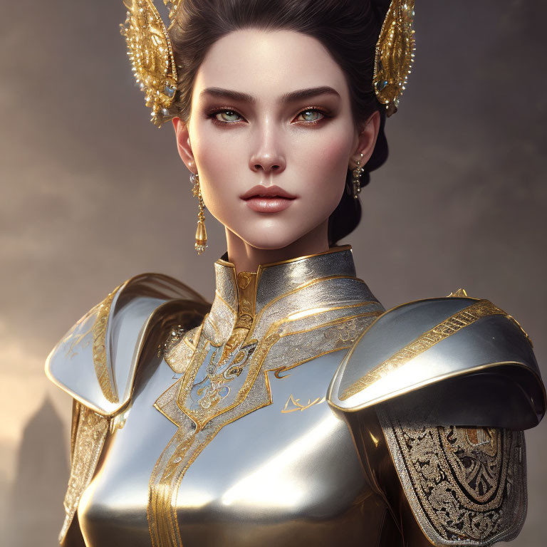 Female character in golden armor with green eyes on cloudy sky background