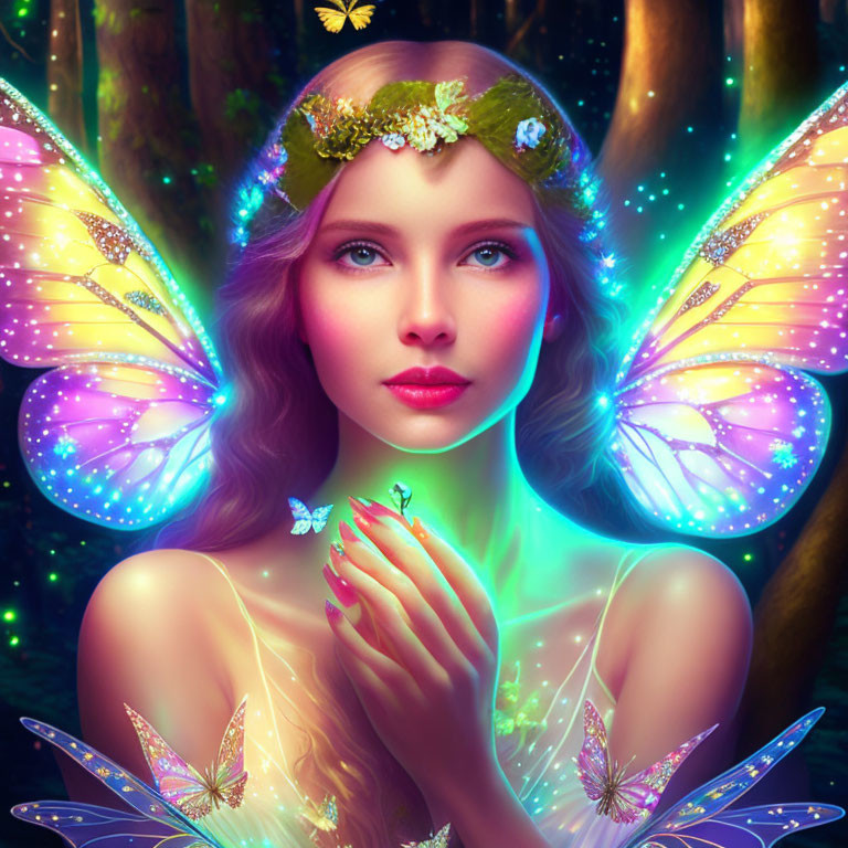 Fantasy Female Fairy with Butterfly Wings and Magical Light