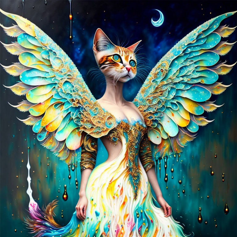 Illustration: Woman-bodied cat-headed creature with vibrant wings in starry scene