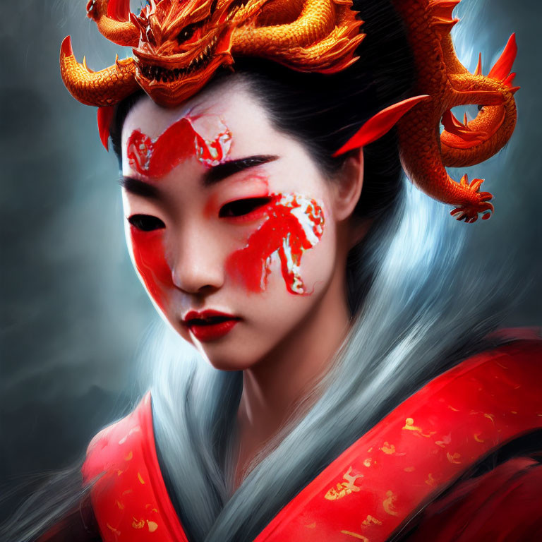 Elaborate Red Dragon Headpiece and Face Paint on Person in Red Outfit
