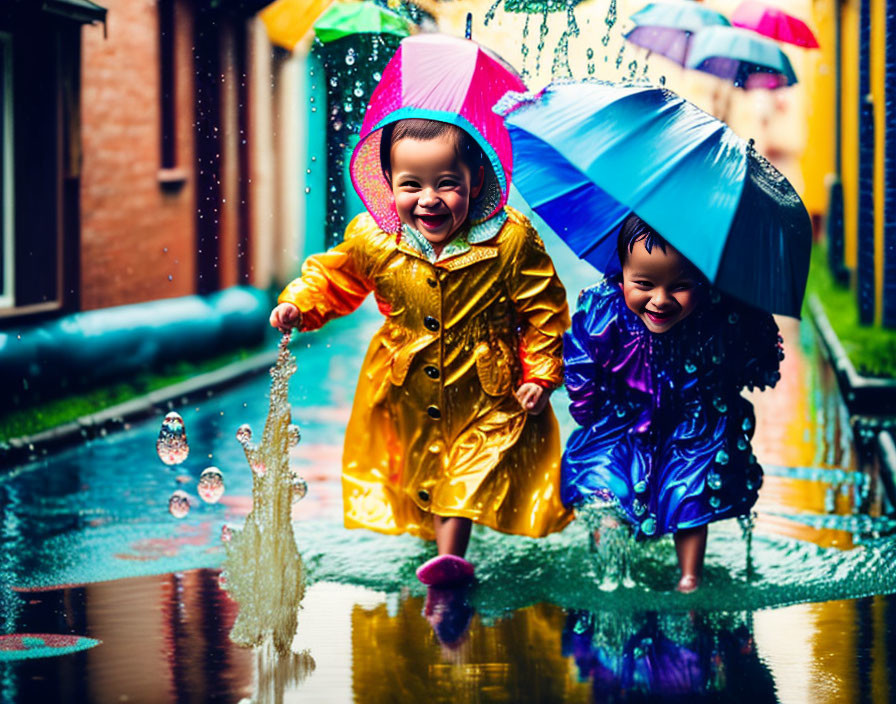 Children in colorful raincoats playing with umbrellas in puddles.