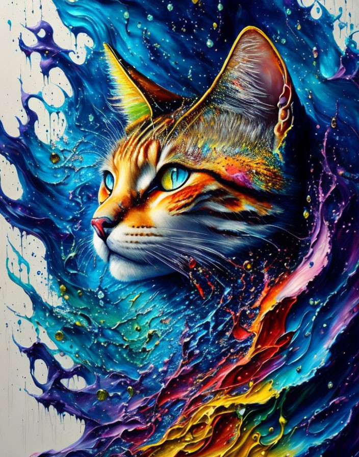 Colorful Cat Illustration with Intense Eyes and Liquid Patterns