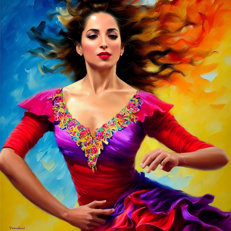Colorful portrait of woman with flowing hair in embroidered dress against vibrant background